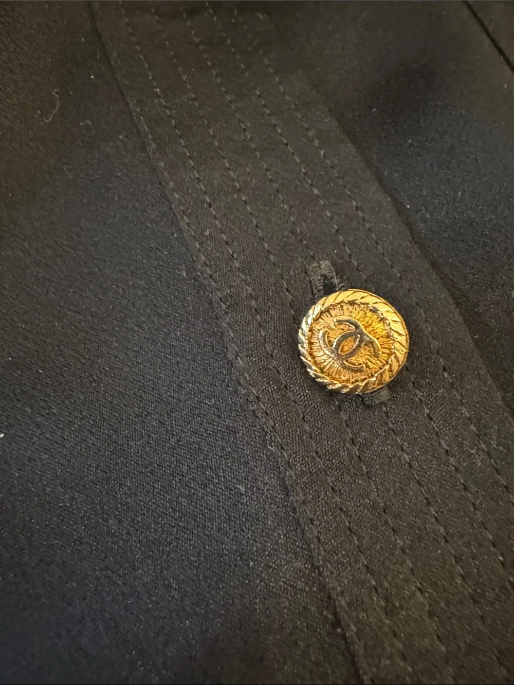 CHANEL Black Silk Bow-Collar Blouse with Gold CC Buttons